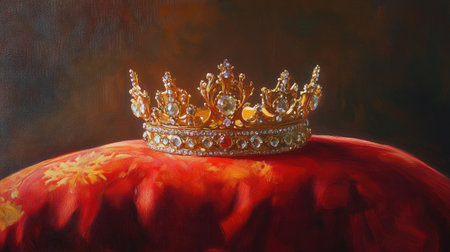 Stunning golden crown rests on a plush red velvet cushion, showcasing intricate details and sparkling jewels, evoking a sense of royal elegance and heritage.の素材