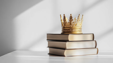 A beautiful golden crown rests atop a stack of classic books, illuminated by soft natural light, symbolizing royalty, knowledge, and elegance in a serene setting.の素材