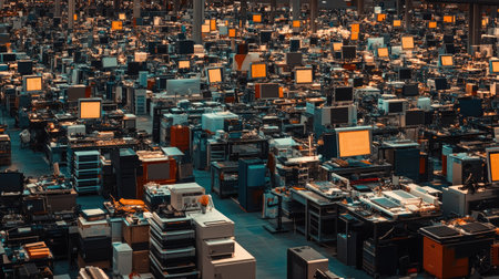 Aerial view of a large industrial workspace showcasing numerous machines and workstations. The scene reflects advanced technology and organized production processes.の素材