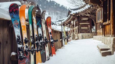 Colorful snowboards neatly aligned along a snowy path showcase winter sports ambiance amidst traditional architecture, evoking adventure and winter fun.の素材