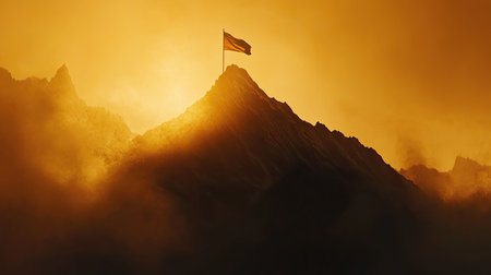 A breathtaking view of a mountain peak at sunset, featuring a flag waving proudly. The dramatic silhouette against the vibrant sky captures the essence of adventure and nature's beauty.の素材