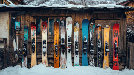 A vibrant collection of snowboards arranged against a rustic cabin, showcasing diverse designs and colors against a snowy backdrop, inviting winter sports enthusiasts.の素材