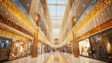 A vibrant shopping mall adorned with shimmering lights and elegant decorations creates a festive atmosphere perfect for holiday shopping and gatherings.の素材