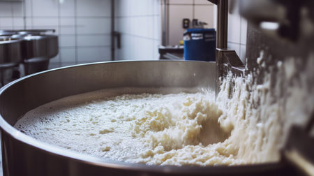 This image showcases a fresh dairy processing setup in a modern industrial kitchen, highlighting the thick liquid texture as it churns in a large vessel, emphasizing technology and hygiene.の素材