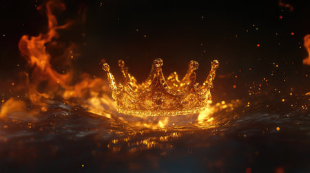 A stunning golden crown emerges from fiery flames, creating a mesmerizing contrast against a dark backdrop, symbolizing power and elegance in an artistic display.の素材