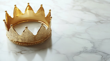 A stunning golden crown sits elegantly on a smooth marble surface, embodying luxury and royalty. Perfect for themes of elegance and celebration, this image captures the essence of regality.の素材