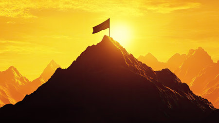 A stunning silhouette of a mountain peak adorned with a flag against a vibrant golden sunrise. The scene evokes feelings of adventure and achievement.の素材