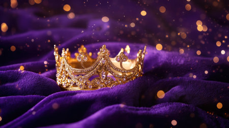 A stunning golden crown rests upon luxurious purple velvet, surrounded by sparkling bokeh lights, creating a magical and regal ambiance perfect for celebrations.の素材