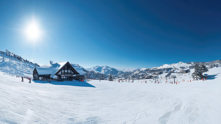 A stunning panoramic view of a ski lodge surrounded by pristine snow and majestic mountains, showcasing outdoor winter activities and bright sunny skies.の素材