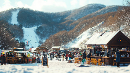 A vibrant winter market scene in the mountains with people enjoying snow and local goods. Snow-covered landscape, festive atmosphere, and outdoor stalls create a picturesque winter destination.の素材