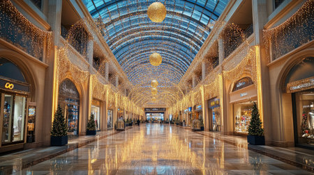 A stunning view of a shopping mall aisle adorned with vibrant holiday lights and decorations, creating a warm and inviting atmosphere for shoppers.の素材