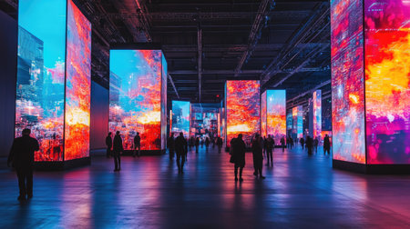 A captivating scene of a vibrant light installation filled with people exploring a modern art space, blending technology and creativity in a stunning urban environment.の素材
