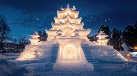 A breathtaking snow sculpture resembling a traditional pagoda stands illuminated against a serene night sky. The magical atmosphere enhances its beauty.の素材
