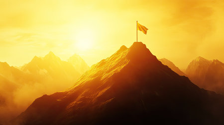 A breathtaking view of a majestic mountain peak adorned with a flag, bathed in golden sunrise light. This serene landscape evokes feelings of adventure and exploration.の素材