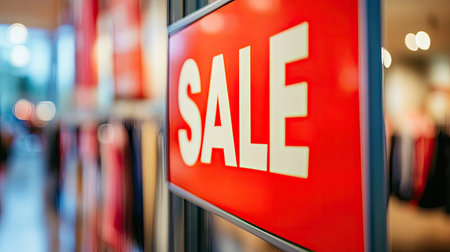 A vibrant red sale sign prominently displayed in a retail store, capturing the essence of shopping excitement. The background features blurred textures, enhancing focus on the promotional message.の素材