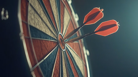 Close-up view of a darts board featuring two darts perfectly lodged in the bullseye area. Highlight the vibrant colors and textures of the board. Perfect for sports themes.の素材
