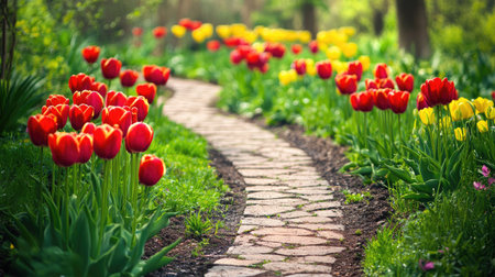 A stunning view of a winding pathway surrounded by blooming tulips in various vibrant colors. This serene garden scene captures the essence of springtime beauty and tranquility.の素材