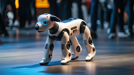 An innovative robotic dog designed for interaction, showcasing modern technology and agility while surrounded by people in a lively environment.の素材