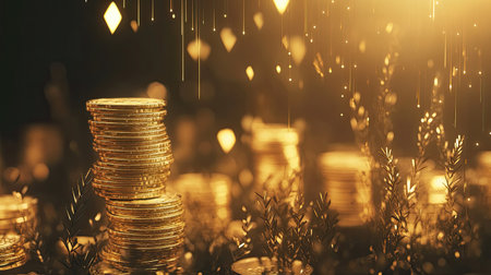A mesmerizing composition of shining gold coins stacked elegantly, set against a shimmering light backdrop with nature elements, symbolizing wealth and prosperity.の素材