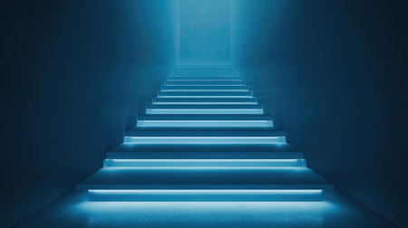 An ethereal staircase illuminated by blue light creates a serene atmosphere, leading toward an inviting and bright unknown space, evoking mystery and intrigue.の素材