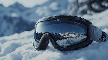 A close-up shot of ski goggles resting on snow, mirroring a stunning mountain landscape. The scene captures the essence of winter adventure and beauty.の素材