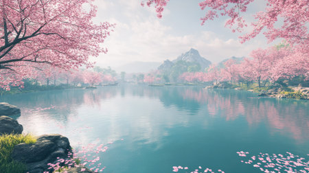 Explore this stunning landscape featuring cherry blossoms in full bloom. A tranquil lake reflects the pink flowers and surrounding mountains, creating a peaceful scene.の素材