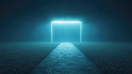 A striking neon portal glows in a dark foggy field, creating a surreal atmosphere. The illuminated path leads to a captivating entrance, inviting viewers into a mysterious realm.の素材