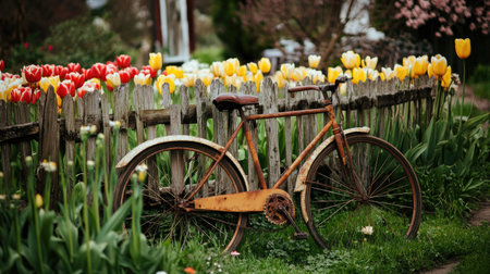 A rustic vintage bicycle leans against a wooden fence, surrounded by vibrant tulips in various colors, showcasing the beauty of nature in a tranquil garden setting.の素材