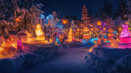 Discover a mesmerizing winter wonderland featuring vibrant lights, snow sculptures, and festive decorations that create a magical holiday atmosphere.の素材