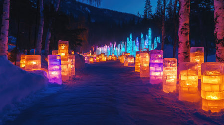 A stunning winter scene featuring colorful illuminated ice structures lining a snow-covered pathway, creating a magical atmosphere perfect for winter exploration.の素材