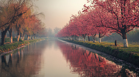A peaceful scene of cherry blossom trees lining a tranquil river at sunrise. The soft pink flowers reflect beautifully in the still water, creating a serene atmosphere.の素材