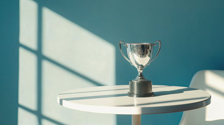 A shiny silver trophy placed on a white table, illuminated by soft light casting shadows, against a calming blue wall, symbolizing achievement and success.の素材