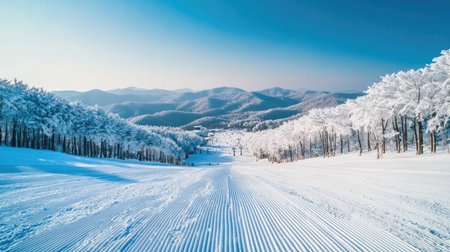 A breathtaking winter landscape featuring ski trails winding through snow-covered mountains under a clear blue sky. Perfect for winter sports enthusiasts.の素材