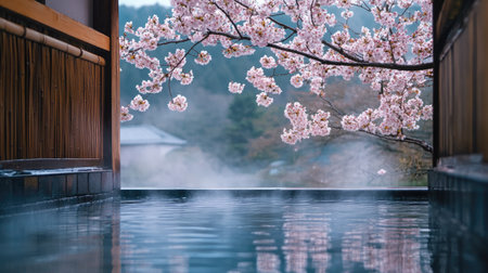 Experience tranquility in this serene indoor hot spring surrounded by blooming cherry blossoms and a misty landscape. Perfect for relaxation and rejuvenation.の素材