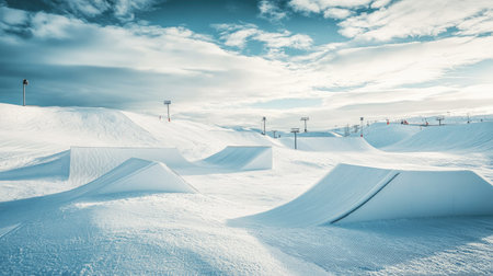 Vast snowy landscape featuring ski slopes and jumps under a dramatic sky. Ideal setting for winter sports, adventure, and outdoor recreation.の素材