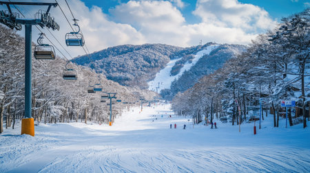 Explore a stunning winter landscape featuring a ski lift overlooking snow-covered mountains. This picturesque scene captures the thrill of outdoor adventure.の素材