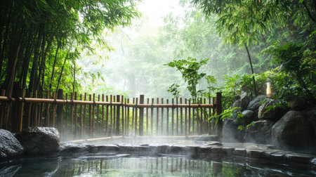 Experience the tranquility of a natural hot spring nestled in a lush green forest. The mist rises gently, inviting relaxation and rejuvenation in this serene escape.の素材