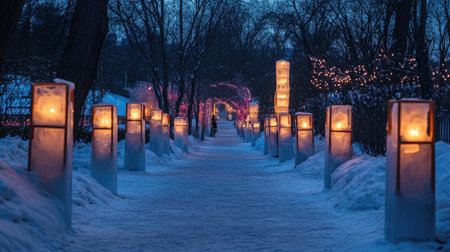 A serene winter pathway illuminated by glowing lanterns and charming lights. Snow blankets the ground, creating a magical atmosphere for evening strolls.の素材