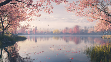 A tranquil lake surrounded by blossoming cherry trees reflects the pink hues of spring, creating a serene landscape perfect for relaxation and nature lovers.の素材