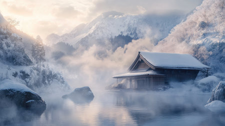 A breathtaking winter scene features a serene cabin surrounded by snow-covered mountains, reflecting in calm waters. The mist creates a tranquil atmosphere.の素材