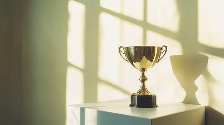 A stunning gold trophy showcased on a minimal stand, casting soft shadows in natural light. This image symbolizes achievement and victory, perfect for motivational themes.の素材