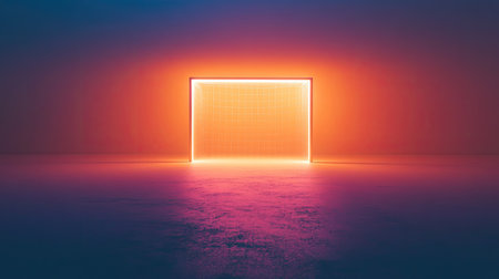 A striking neon soccer goal set in an empty futuristic space, illuminated by vibrant blue and orange lights. This artistic design captures a modern atmosphere perfect for creative projects.の素材