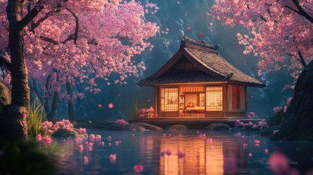 A picturesque scene featuring a traditional Japanese house surrounded by vibrant cherry blossoms. The calm water reflects the beauty of spring, creating a tranquil and serene atmosphere.の素材