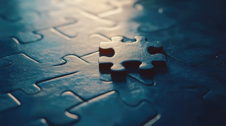 A solitary puzzle piece rests on a dark surface, illuminated by soft light. This image symbolizes the importance of connection and problem-solving in games and life.の素材