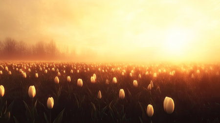A stunning view of a tulip field at sunrise, featuring soft light and mist. The scene captures the beauty of nature with blooming flowers under a tranquil sky.の素材