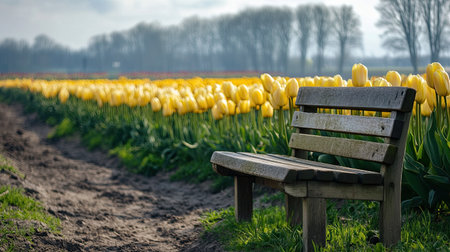 A peaceful wooden bench sits among vibrant yellow tulips, creating a picturesque spring scene. Enjoy the beauty of nature and tranquility in this charming landscape.の素材