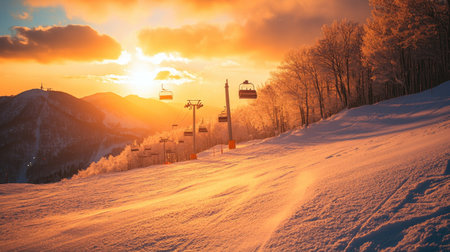 Beautiful winter landscape featuring ski lifts against a stunning sunset. The scene captures the charm of snowy mountains and tranquil nature.の素材