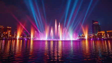 Stunning nighttime fountain show featuring vibrant lighting effects and colorful water sprays. A beautiful urban scene that captivates the senses.の素材