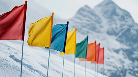 A stunning array of colorful flags stands against a snowy mountain backdrop, capturing the essence of winter beauty and outdoor adventures.の素材
