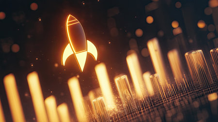A striking rocket icon illuminated in golden light set against an abstract background, symbolizing growth, innovation, and the pursuit of success in a modern world.の素材